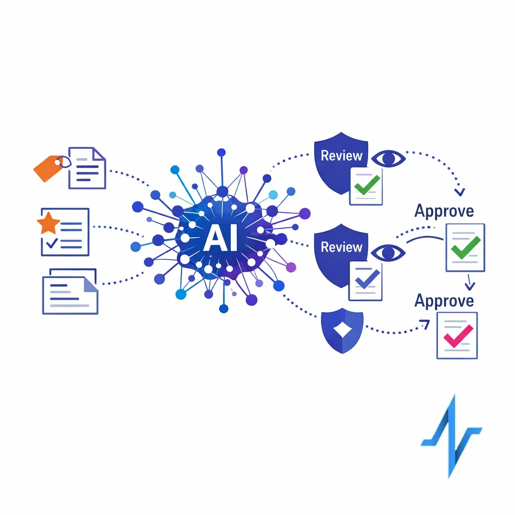 AI assistance is shown inside guarded review loops with human approval and monitored outputs.