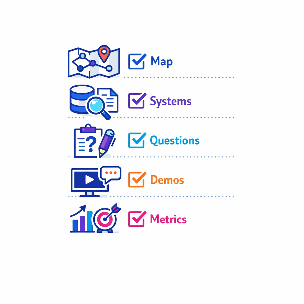 A concise checklist icon set summarizes workflows, systems of record, demos, scoring, and rollout planning.