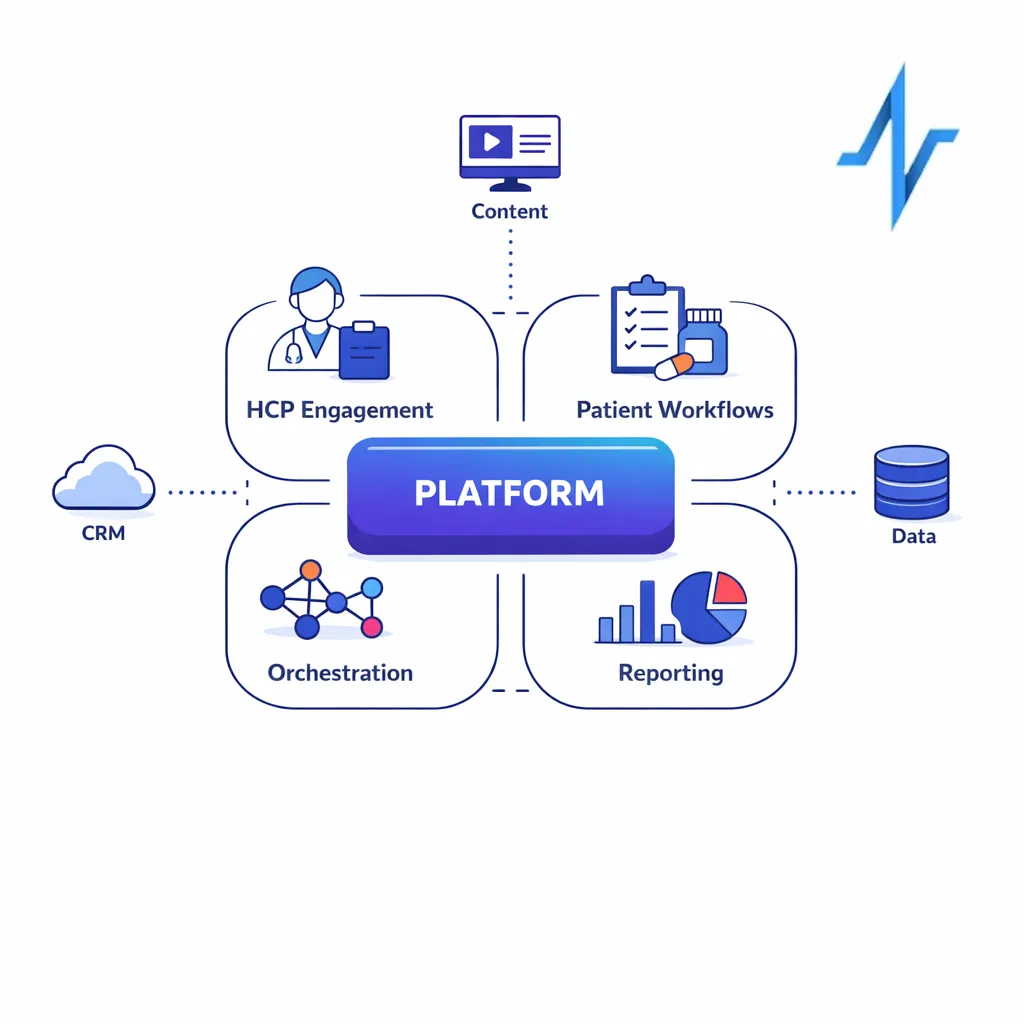 A neutral platform-fit diagram shows where engagement, workflows, orchestration, and reporting can support the stack.