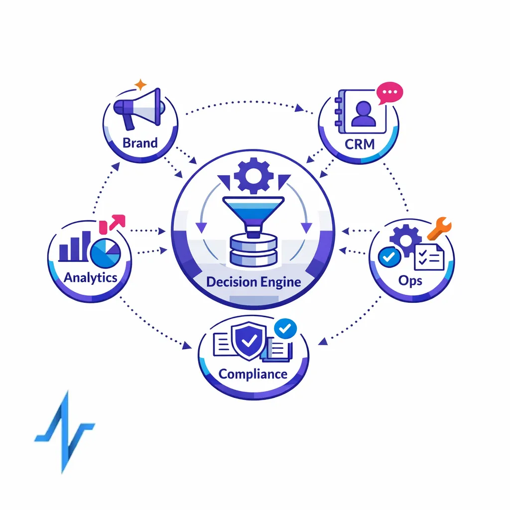 Brand, CRM, analytics, compliance, and ops converge into one shared decision model with dotted connections.
