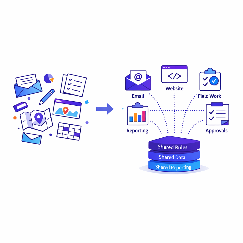 Disconnected apps transform into one coordinated workflow with shared data and approvals.