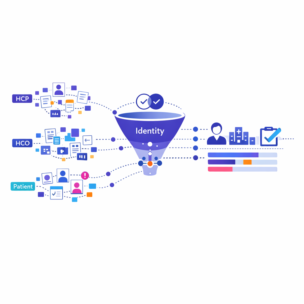 Multiple fragmented records merge into a unified identity layer feeding accurate segmentation and reporting.