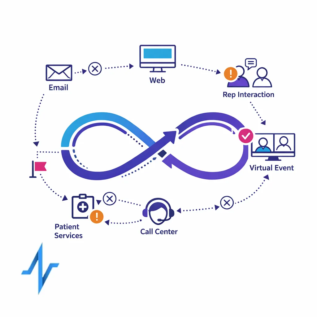 A coordinated journey map links channels and next-best actions around one audience path.