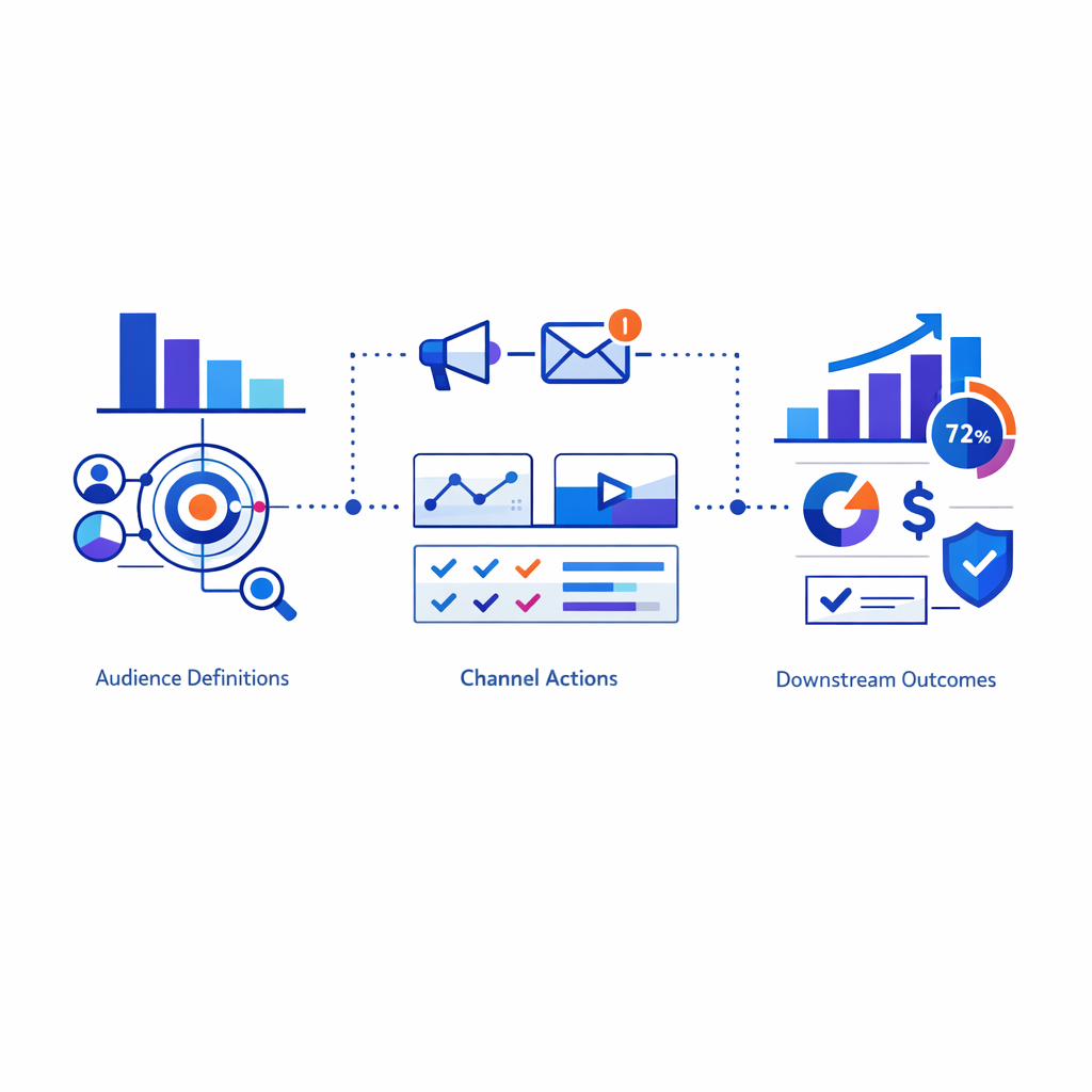 A minimal analytics diagram connects audiences, actions, and outcomes with clear lineage.