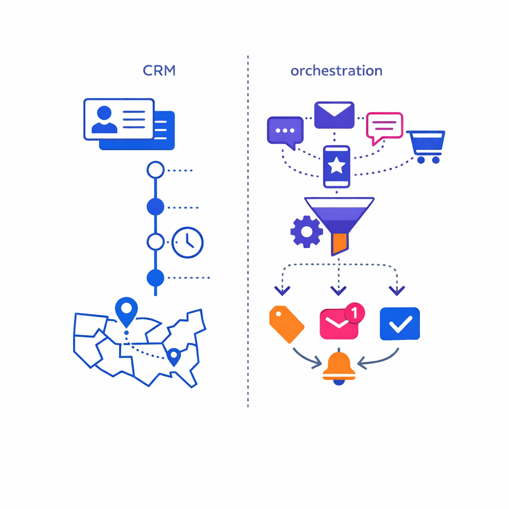 A split diagram contrasts CRM history tracking with cross-channel orchestration capabilities.