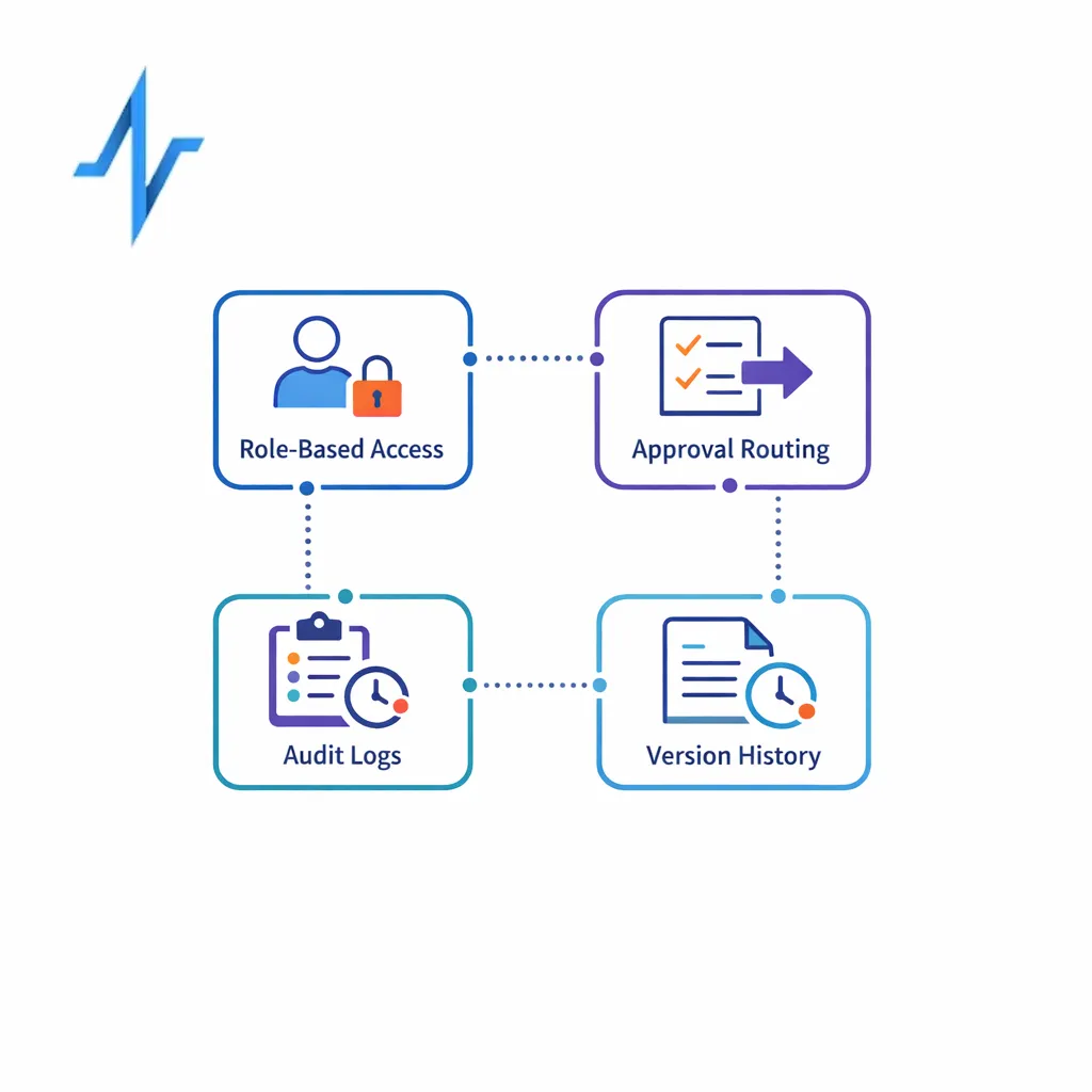 Role-based access, approvals, version history, and audit logs appear in one clean control diagram.