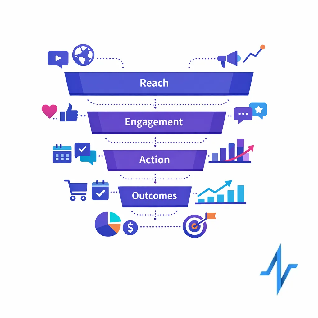A funnel-like measurement diagram links reach, engagement, action, and outcomes across connected data sources.