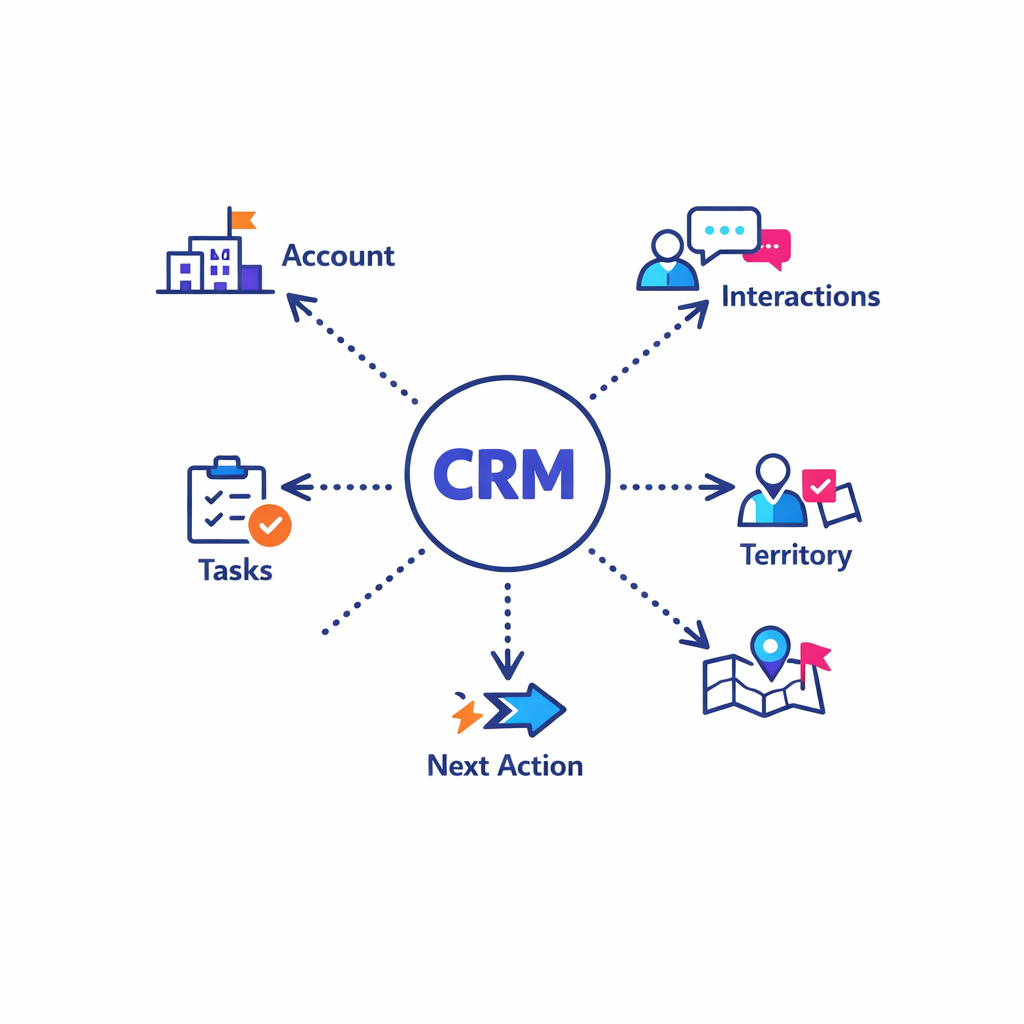 A pharma CRM hub connects account context, tasks, interactions, and next actions in one streamlined view.