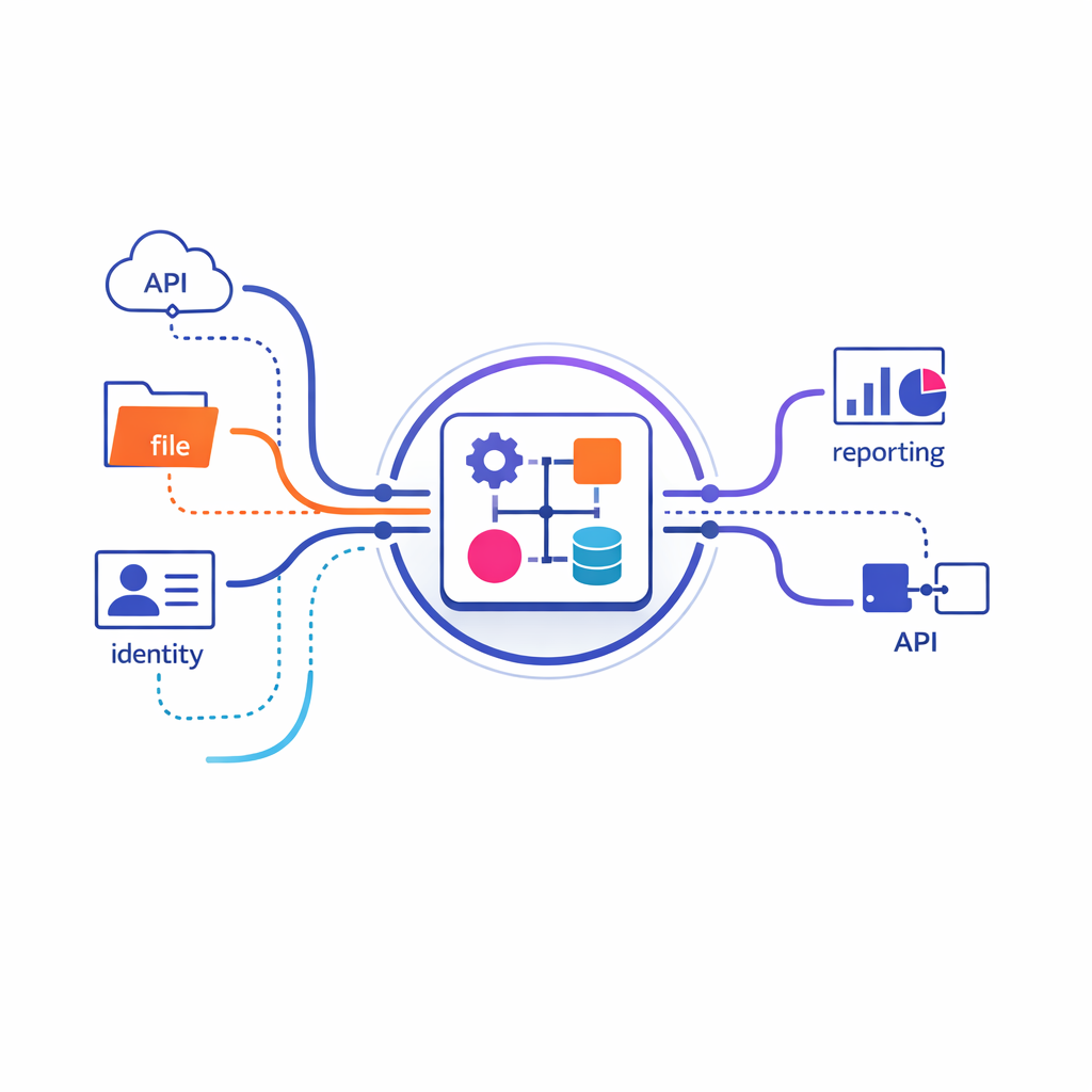 APIs, files, identity, and reporting connect through a streamlined interoperability diagram.