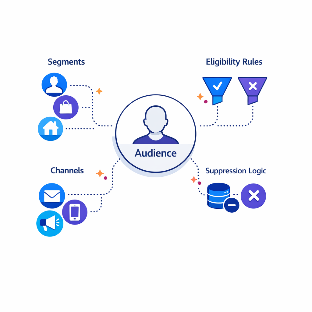 A central audience model branches into reusable segments and suppression rules.