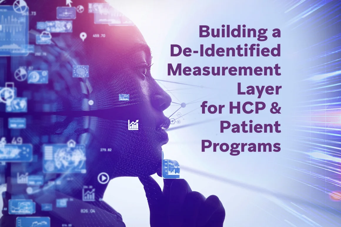 Profile silhouette with digital healthcare analytics icons beside text about de-identified HCP and patient measurement.