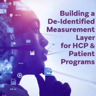 Profile silhouette with digital healthcare analytics icons beside text about de-identified HCP and patient measurement.