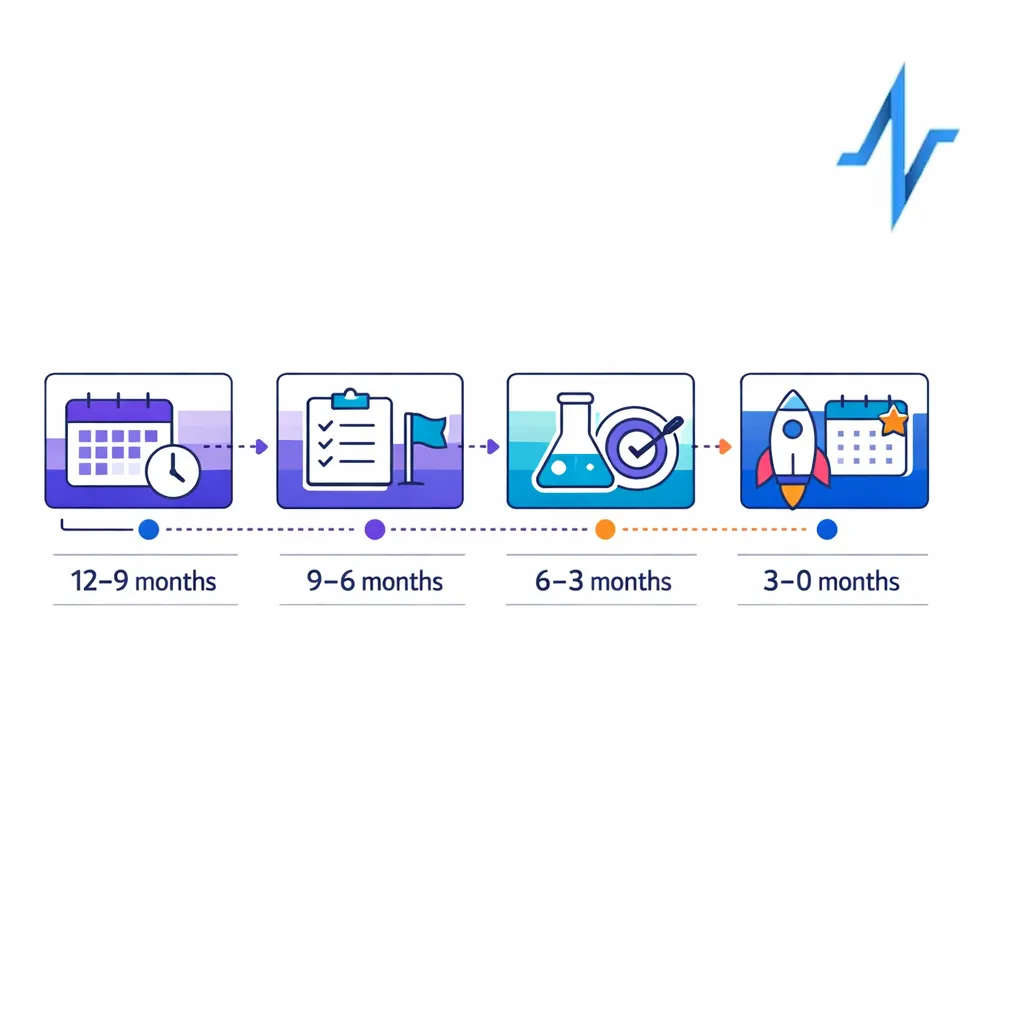 A clean four-phase pharma launch timeline shows key milestones from 12 months before launch to day one.