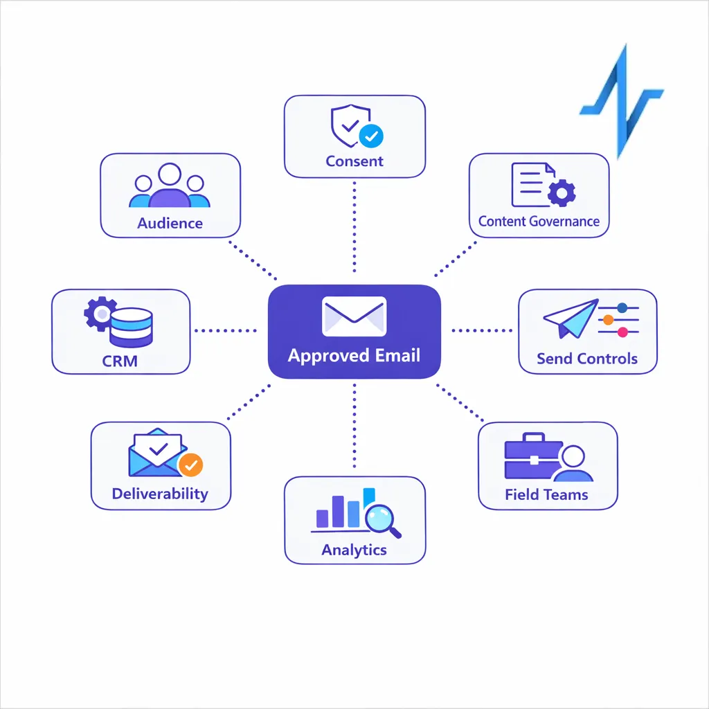 A central workflow diagram shows how approved email connects audience, governance, sending, and measurement in pharma.