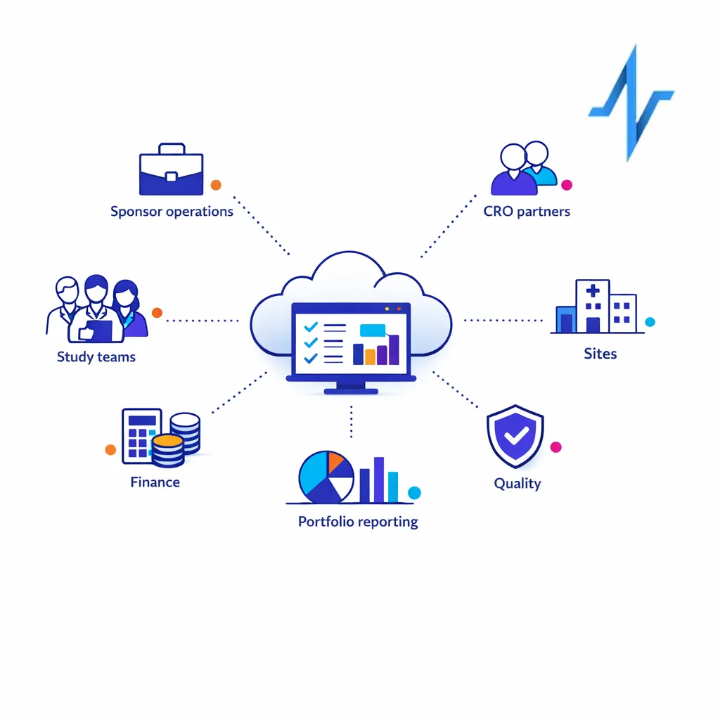 A central cloud CTMS diagram connects sponsor teams, vendors, and oversight views in a clean evaluation framework.