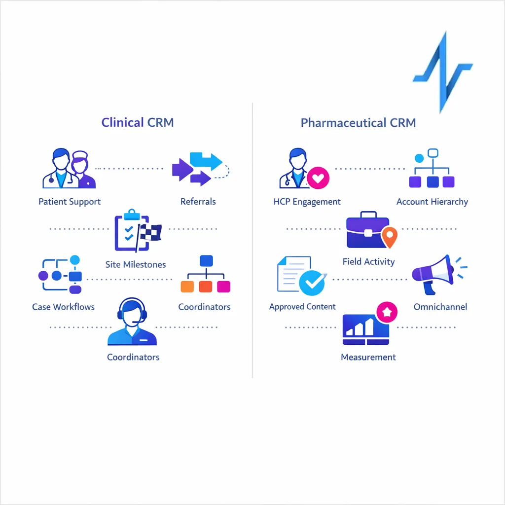 Side-by-side diagram contrasts clinical CRM workflows with pharmaceutical CRM engagement flows on a clean white background.