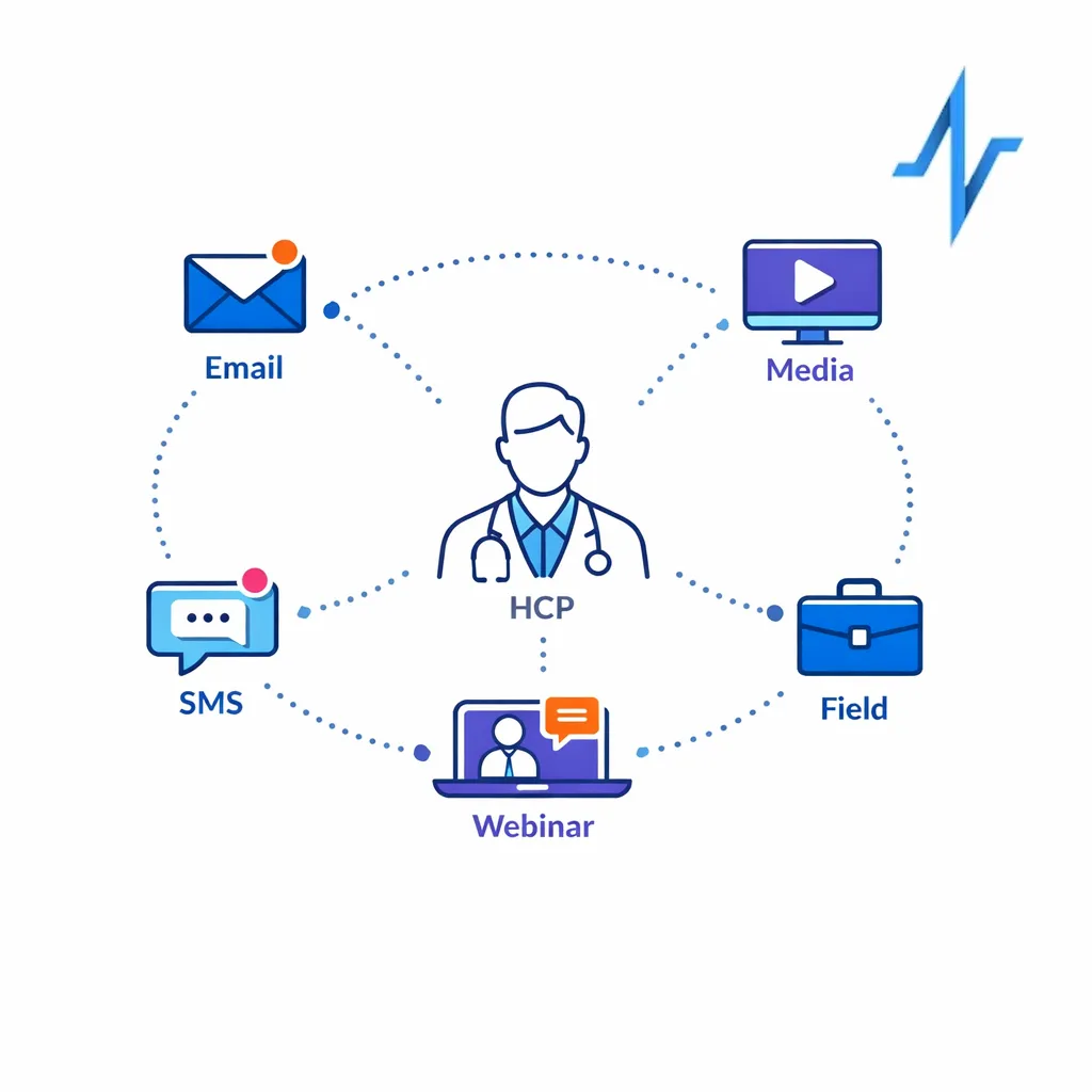 A central clinician icon connects to email, SMS, media, webinar, and field channels in a clean coordinated framework.