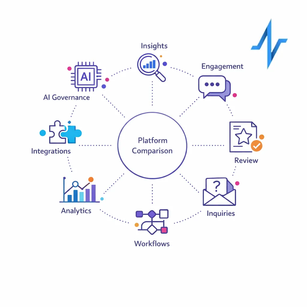 A clean circular framework shows eight medical affairs platform capabilities around a central comparison hub.