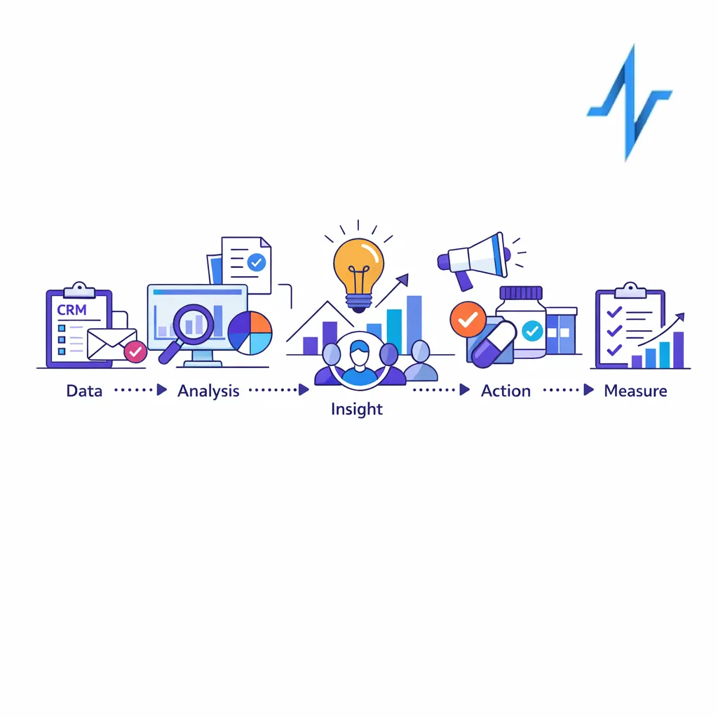 A clean central flow shows raw engagement data becoming insights, actions, and measured outcomes in a pharma context.