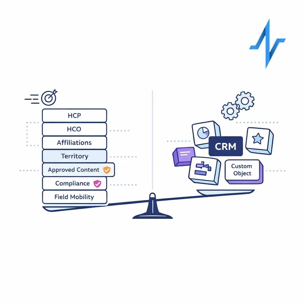 A balanced side-by-side diagram compares life sciences CRM and general CRM for pharma teams.