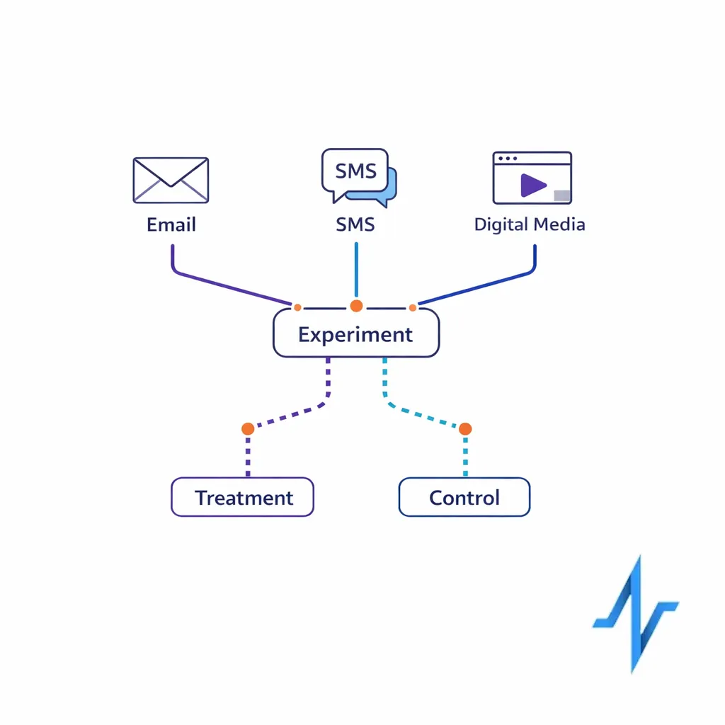 A central diagram shows email, SMS, and digital media nodes connected by dotted lines with a test and control split.