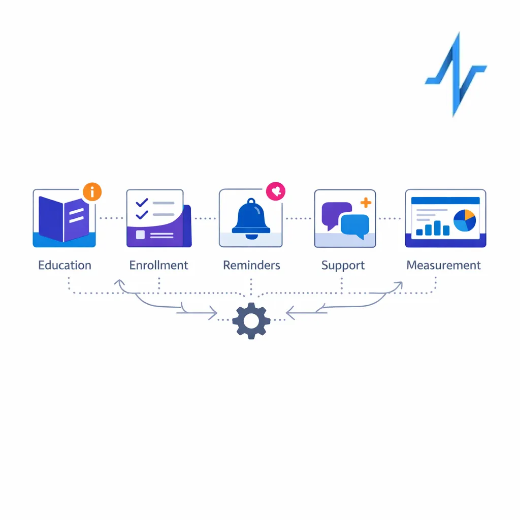 A clean central diagram shows education, enrollment, reminders, support, and measurement connected in one patient journey.