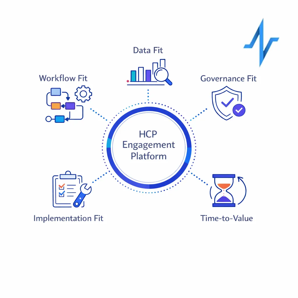 A central evaluation dashboard shows five criteria around an HCP engagement platform selection framework.