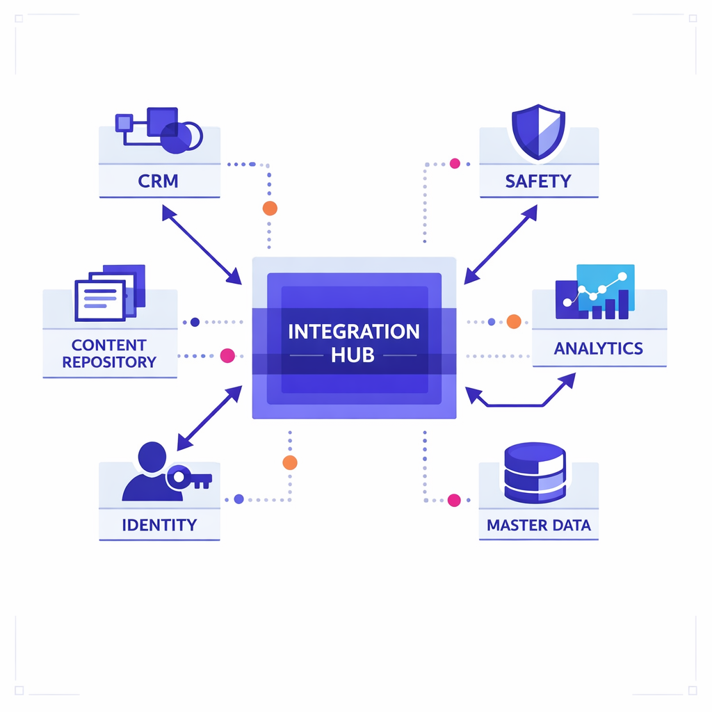 An integration hub connects CRM, safety, content, analytics, and identity systems through stable data flows.