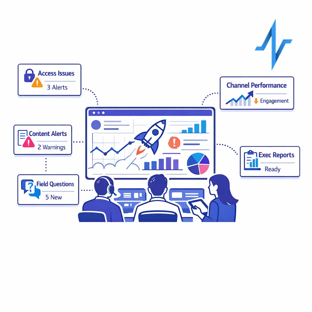 A centralized command center dashboard coordinates issues, owners, and launch-day monitoring signals.