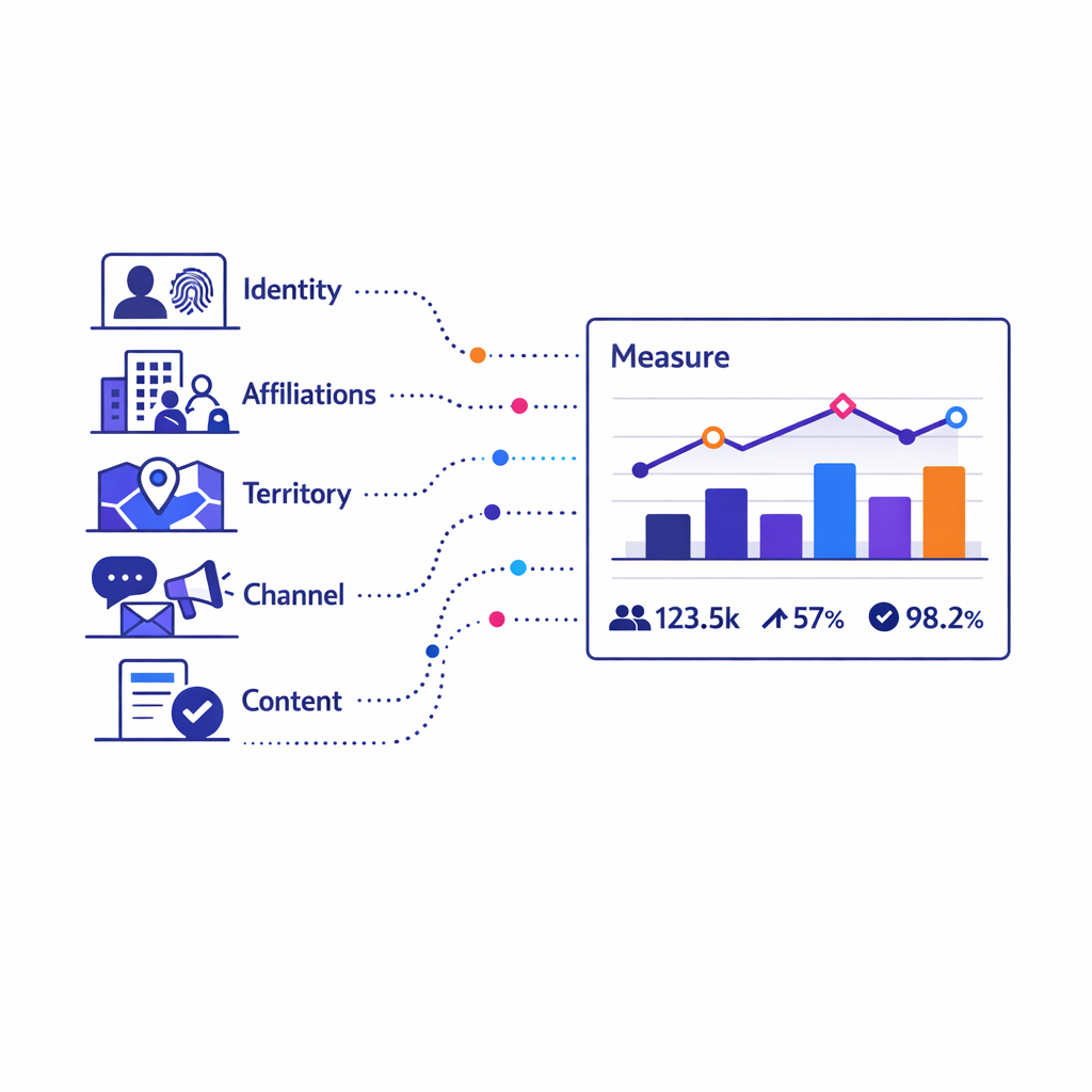 Linked identity, territory, and channel data feed a cleaner measurement view for pharma teams.