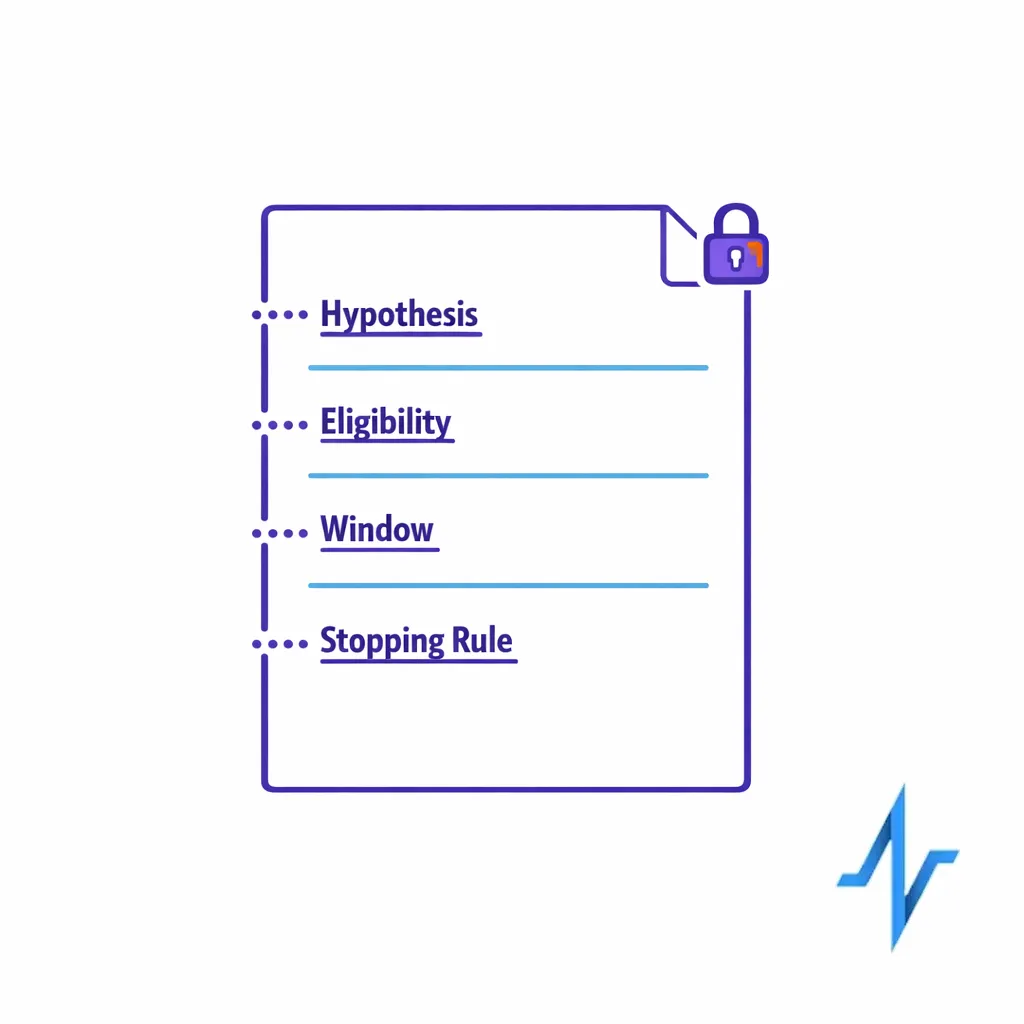 A document page visualizes hypotheses, windows, and stopping rules locked before launch with a small lock icon.