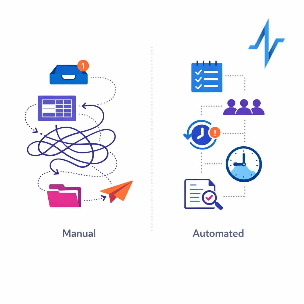 A before-and-after flow shows manual bottlenecks replaced by automated routing, tasks, and audit trails.