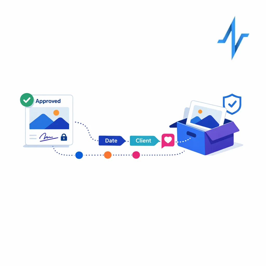 A final approved asset connects to signatures, metadata, archive storage, and a visible audit trail.