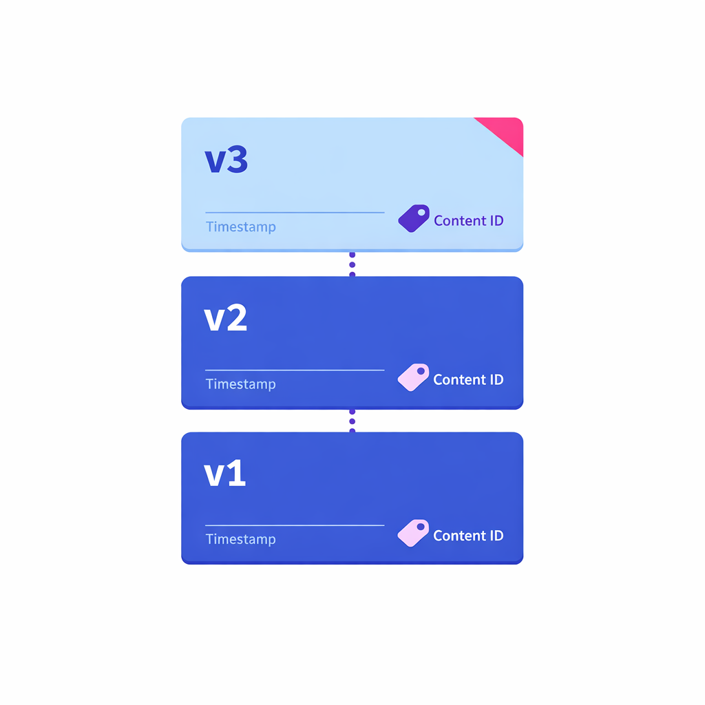 Stacked version cards with timestamps illustrate an auditable record of audiences, content IDs, and changes.