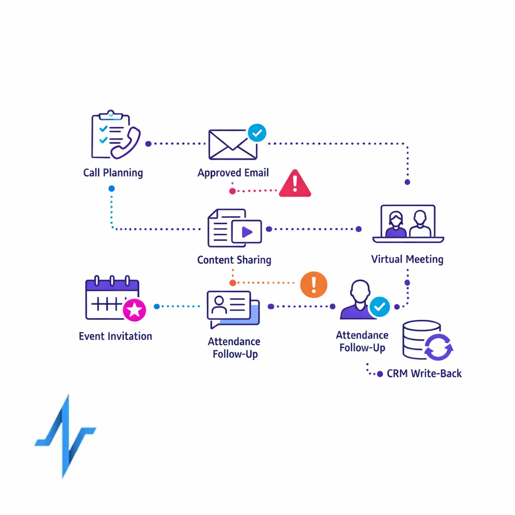 A realistic sales workflow map highlights planning, follow-up, events, and CRM write-back steps.