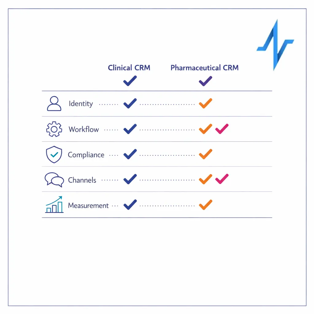 A clean grid compares identity, workflow, compliance, channels, and measurement between two CRM approaches.