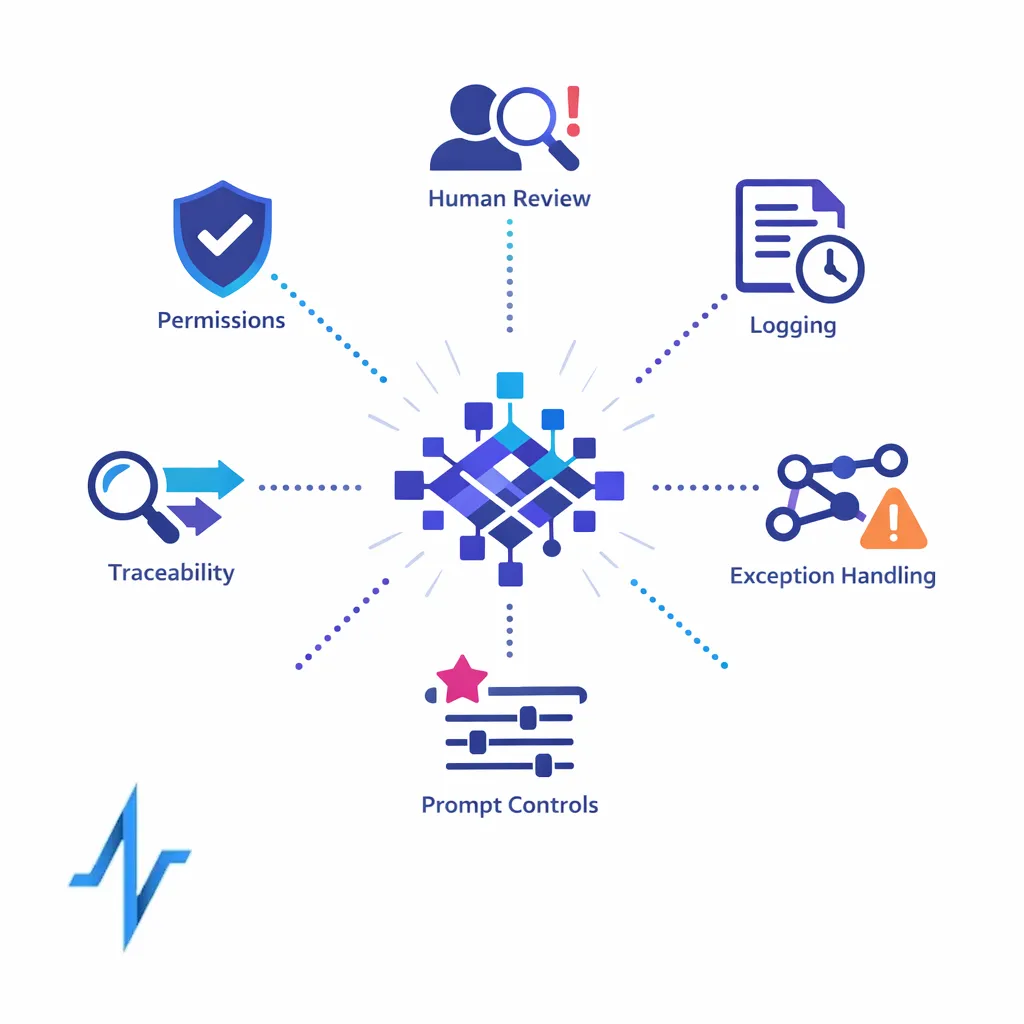 AI assistance appears inside a controlled workflow with review, logging, permissions, and human oversight.