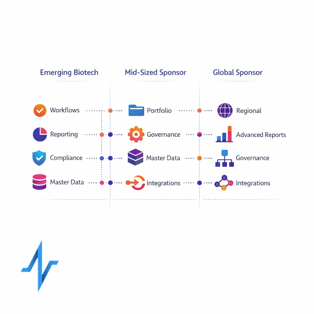 A fit matrix compares CTMS needs for emerging biotech, mid-sized sponsors, and large global organizations.