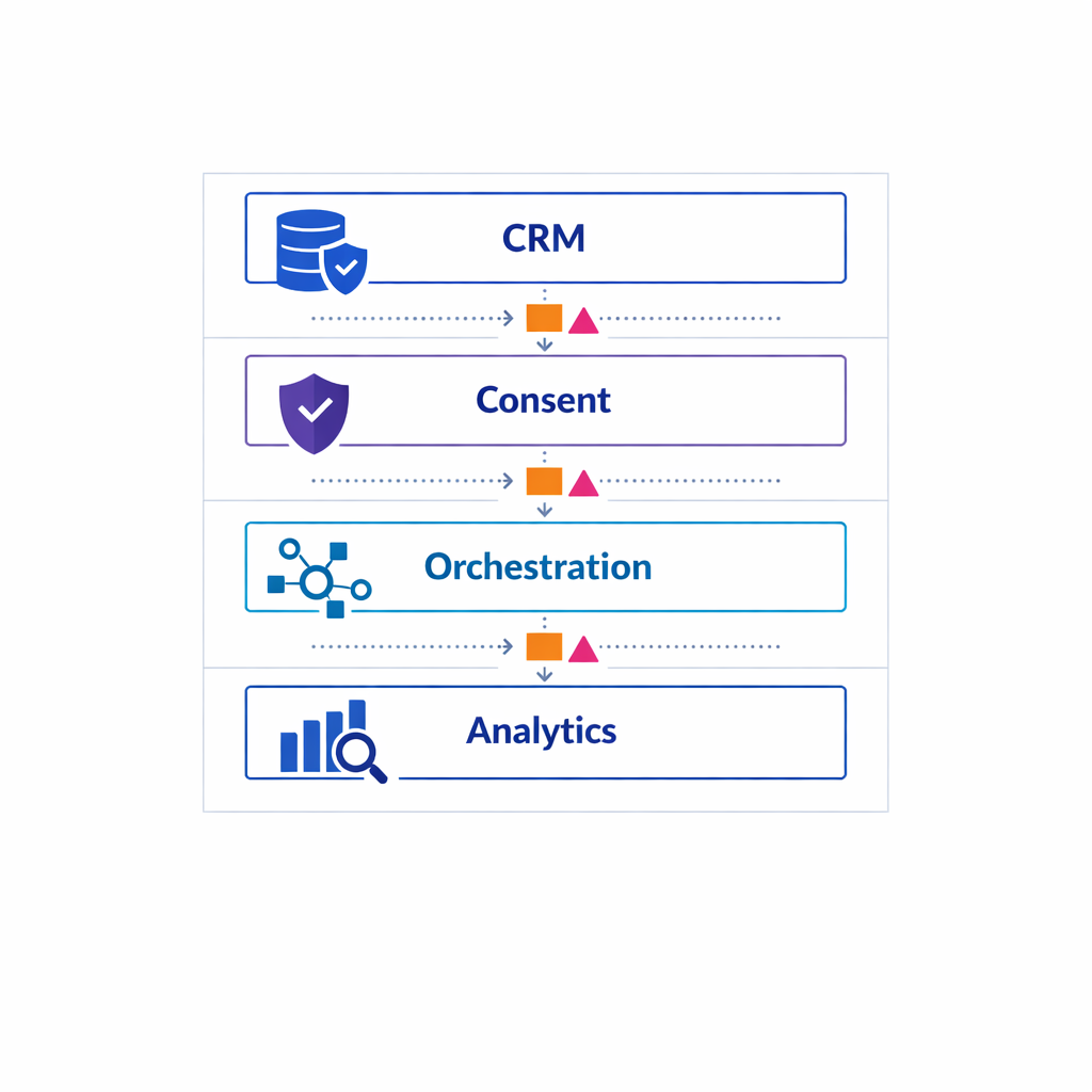 A hybrid architecture separates CRM, consent, orchestration, and analytics with defined handoffs.