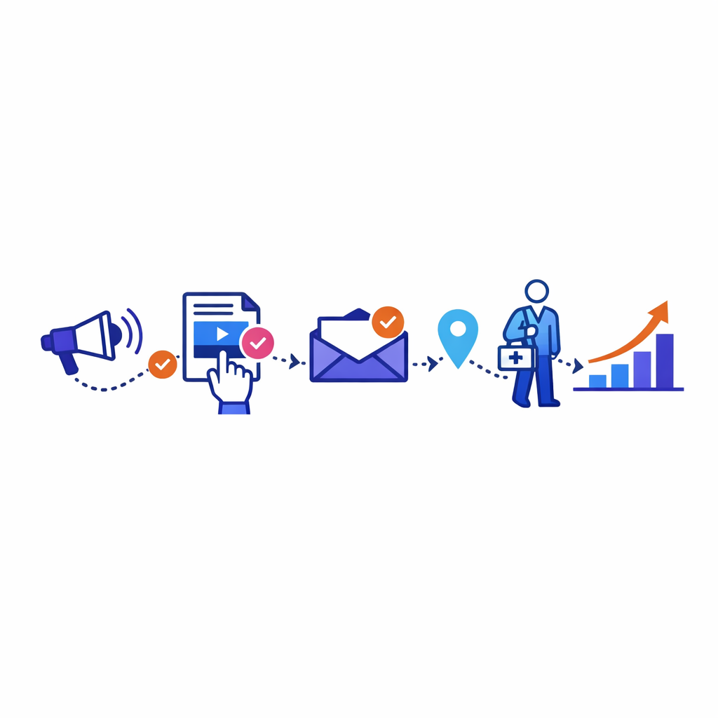 Awareness, content, email, and field touches align in sequence to support the next step.