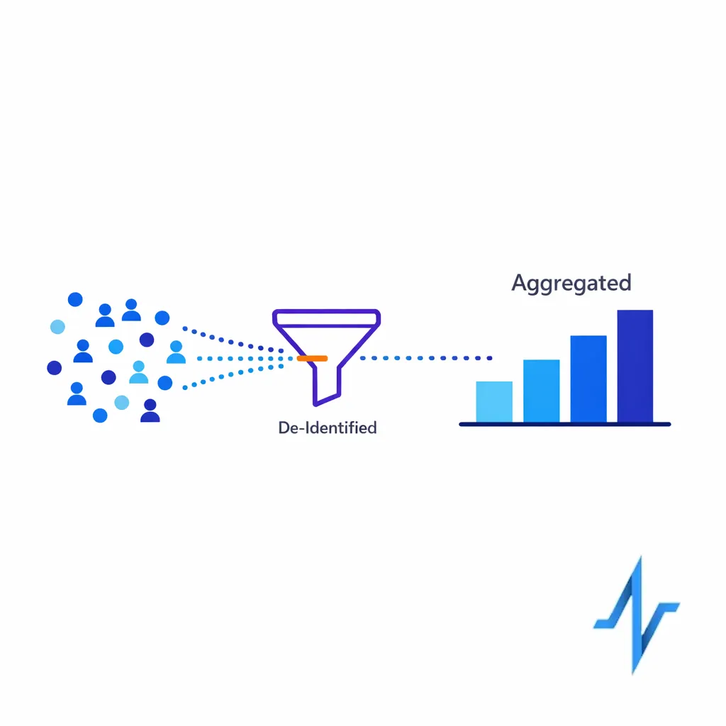 An individual data stream transforms into aggregated bars to depict de-identified outcomes and safer reporting levels.