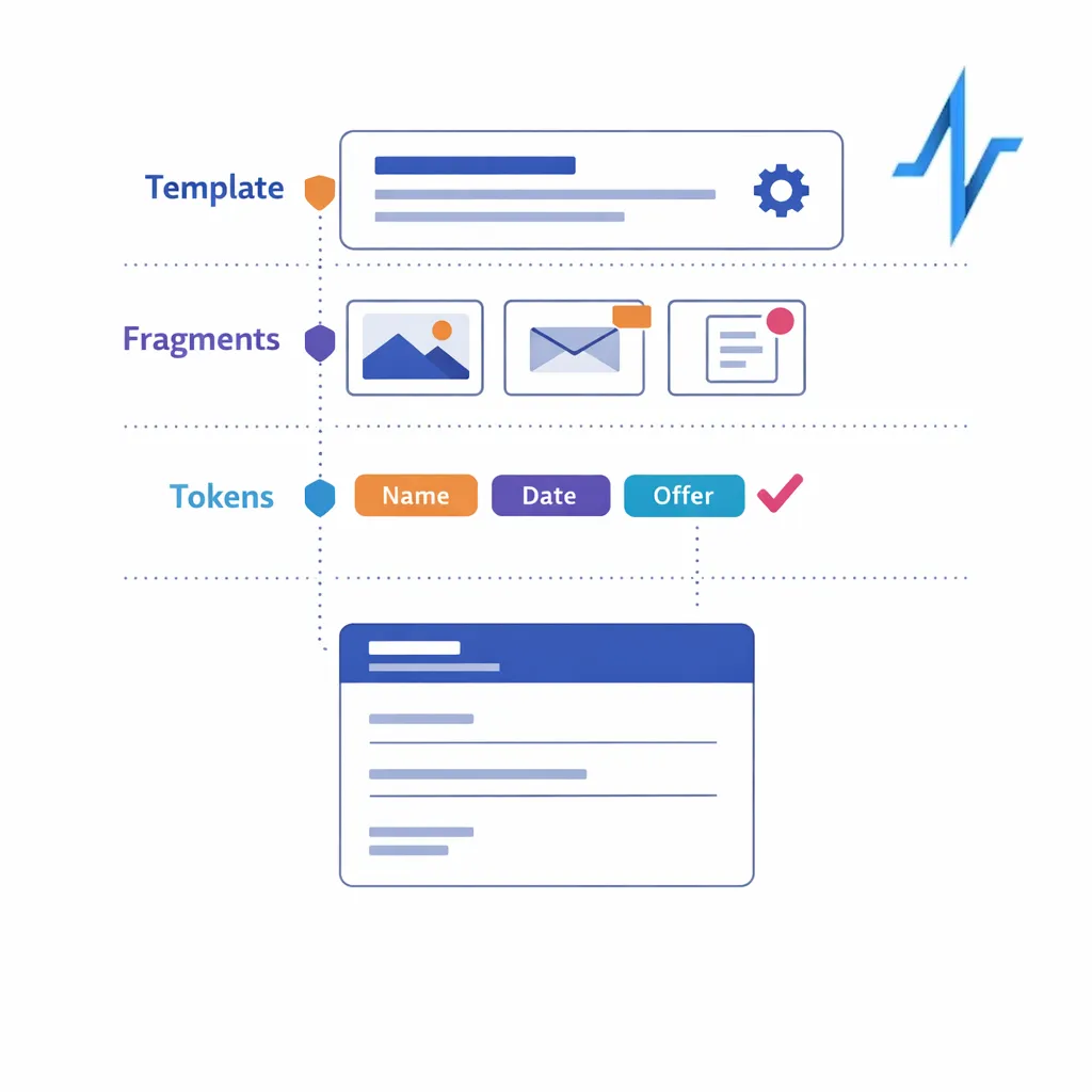 A layered content map explains how templates, fragments, and tokens work together in one approved email system.