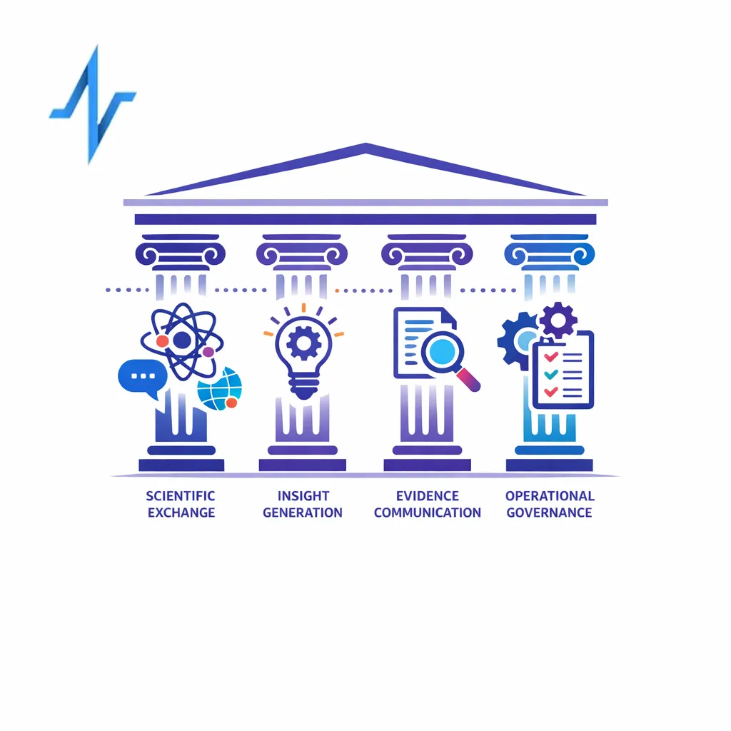 Four balanced pillars represent scientific exchange, insight generation, evidence communication, and governance.