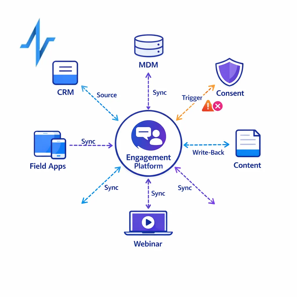A clean systems diagram maps CRM, MDM, consent, content, webinar, and field integrations.