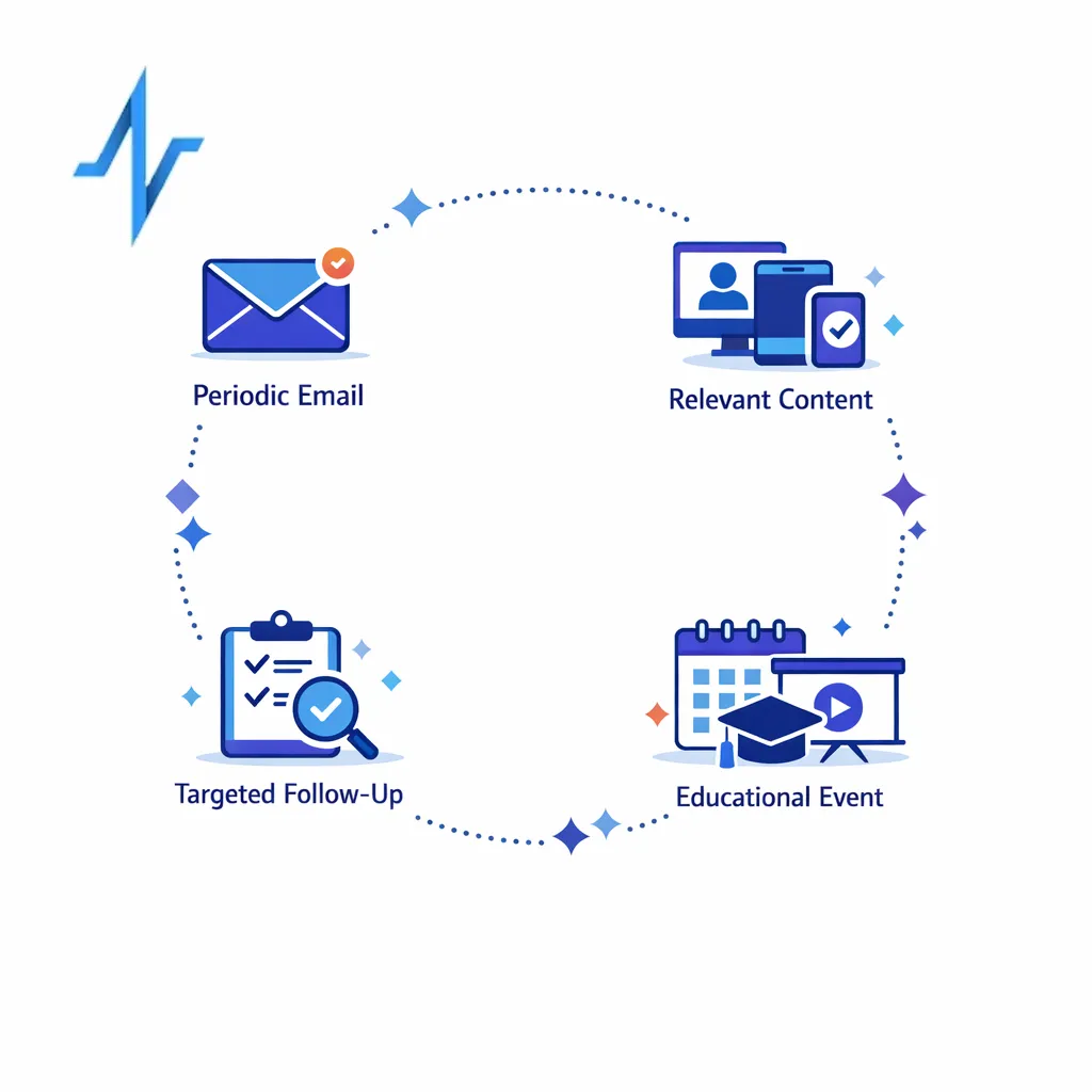 A steady circular nurture loop shows educational refresh, account-aware media, and selective follow-up for retention.