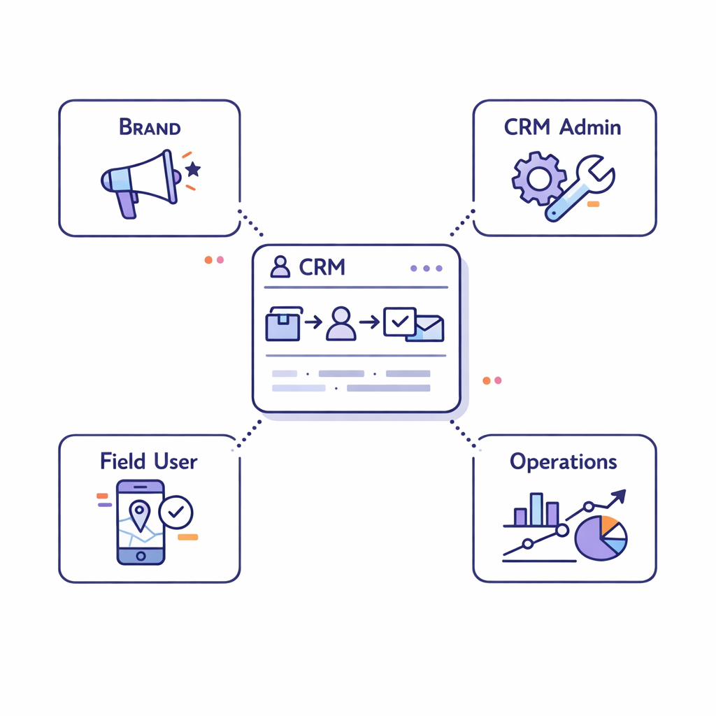 Different stakeholder lenses compare the same CRM scenario for brand, admin, field, and ops users.