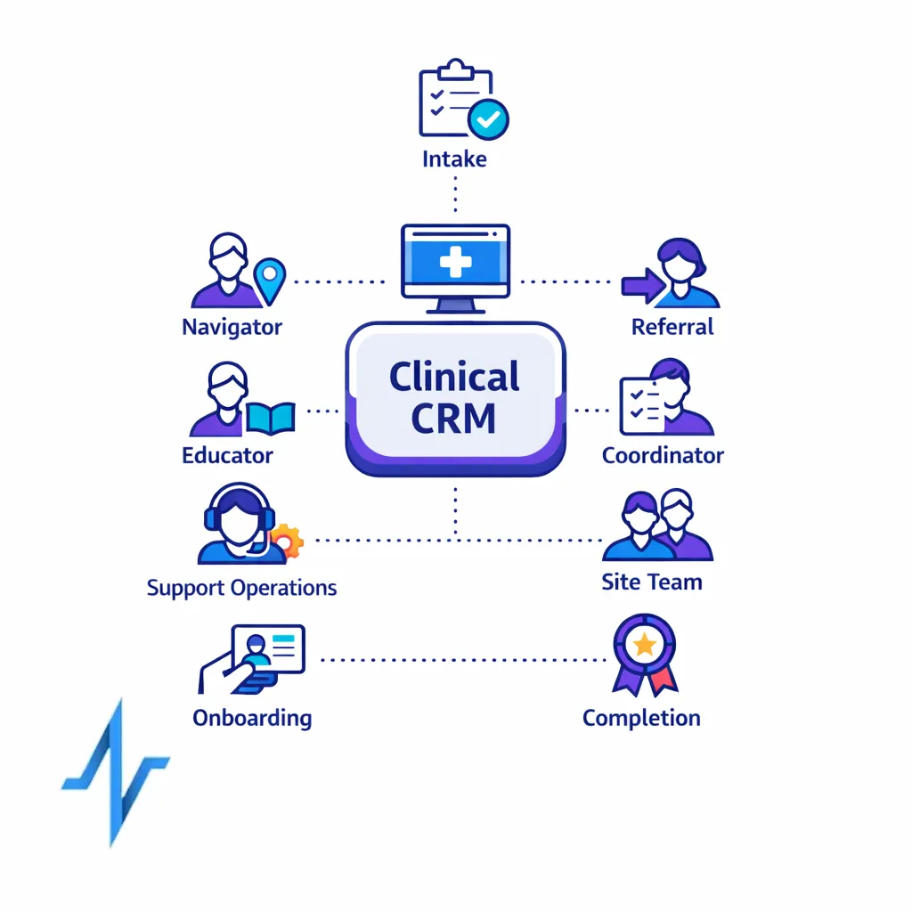 Service-focused roles orbit a clinical CRM core with milestones and coordination steps for patient support programs.