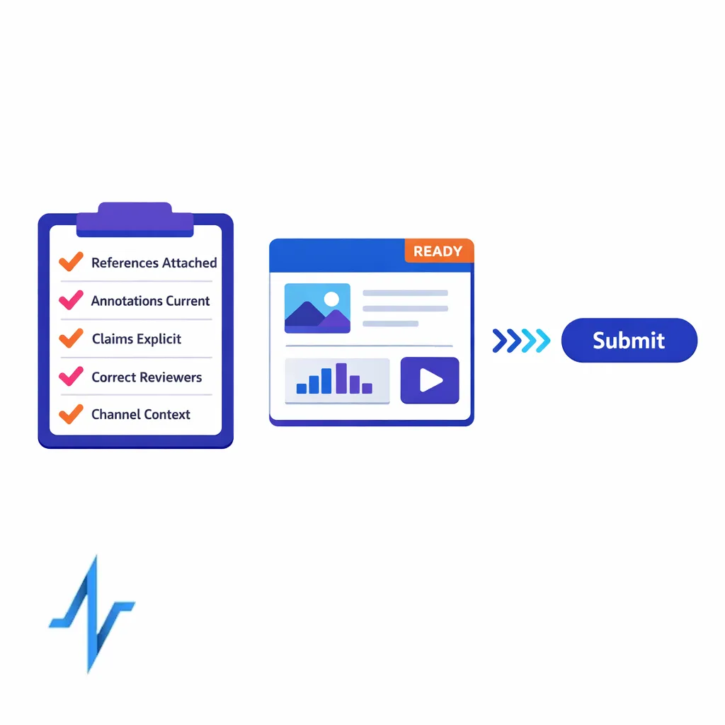A tidy checklist verifies references, annotations, claims, and routing before content enters review.