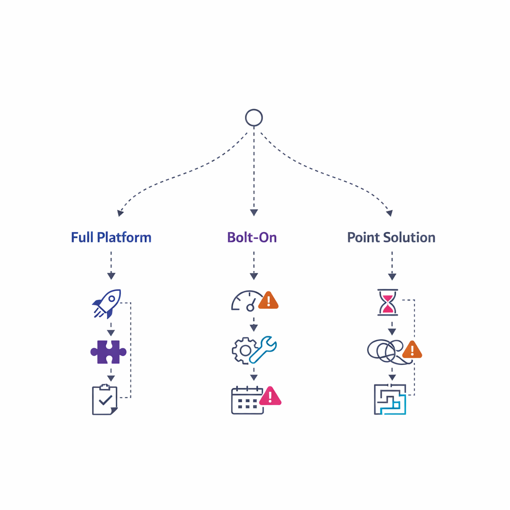 Three branching paths compare full platform, bolt-on, and point solution choices with tradeoff markers.