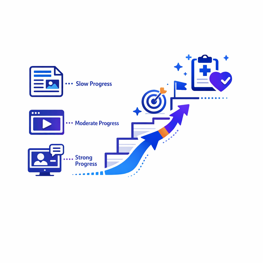 Different asset types are compared by how well they advance the next step, not just by views.